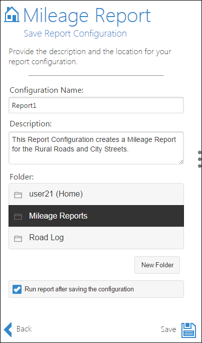 Saving report configuration - Mileage Report Saving report configuration - Mileage Report